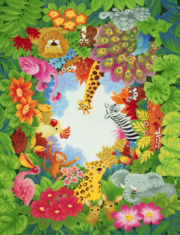 動物イラスト　ジャングルの動物と花の背景