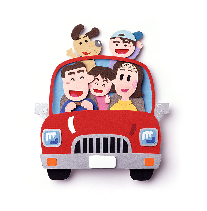 家族イラスト　赤い車でドライブするファミリーと犬