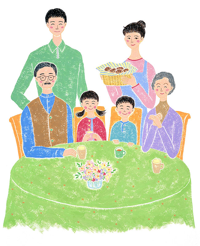 ファミリーイラスト　テーブルでパンを食べる3世帯の6人家族