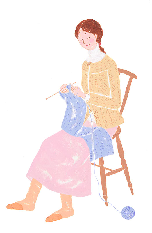 女性イラスト　椅子に座り編み物をする女性