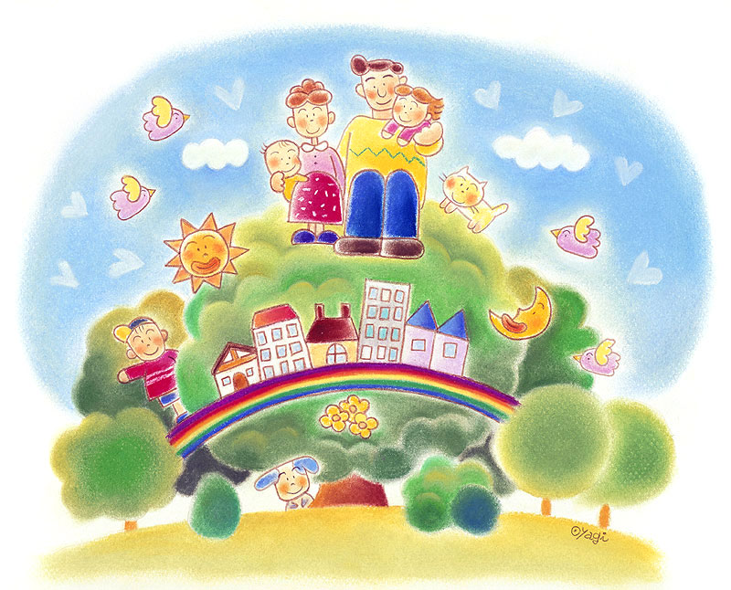 5*SEASON　虹にかかる町、木々の上に座る子育て家族イラスト