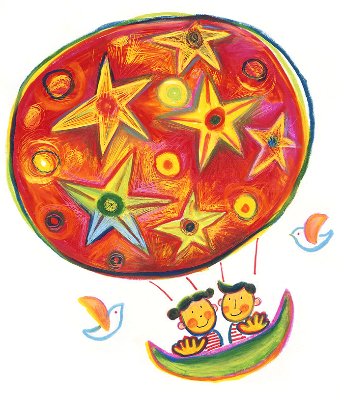 人物イラスト　星々をあしらった気球に乗った男の子と女の子