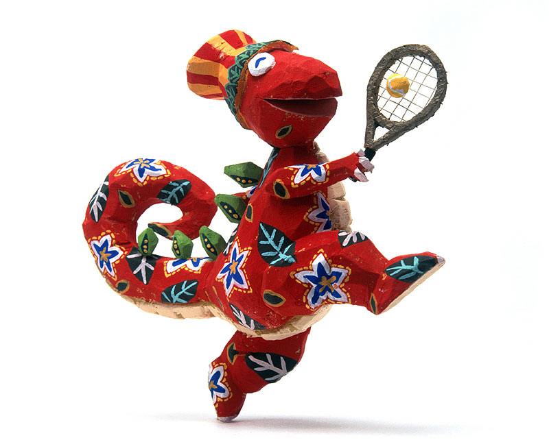 スポーツイラスト　テニスを楽しむ赤い花柄恐竜