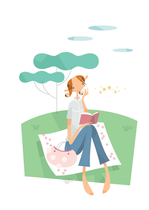 福永洋一 春の芝生で本を読む女性イラスト