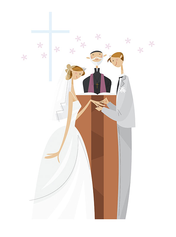 福永洋一　教会で永遠の愛を近い指輪を交換する新郎新婦の結婚式イラスト　結婚・ブライダル・ウェディングイラスト