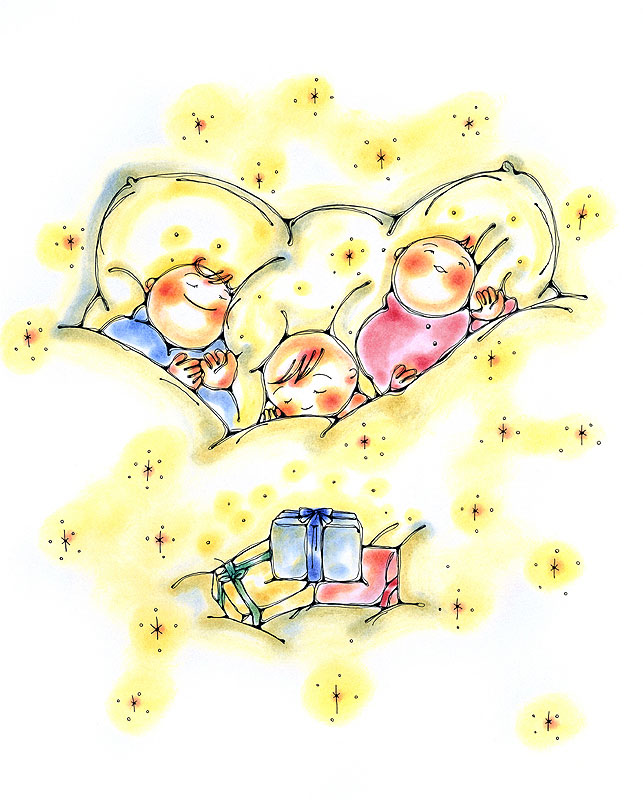 子供イラスト　布団で眠る子供３人とプレゼント