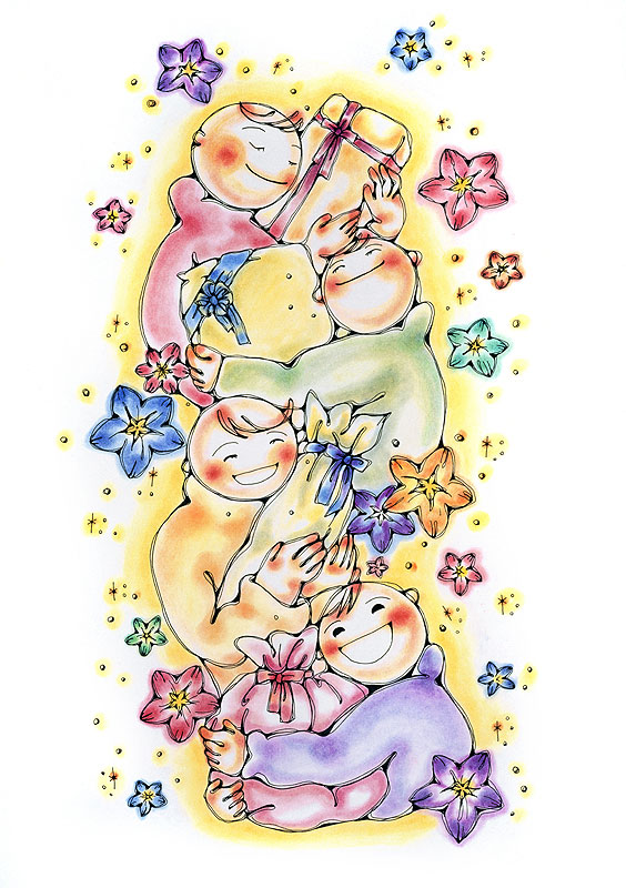 人物イラスト　プレゼントを抱く４人と花