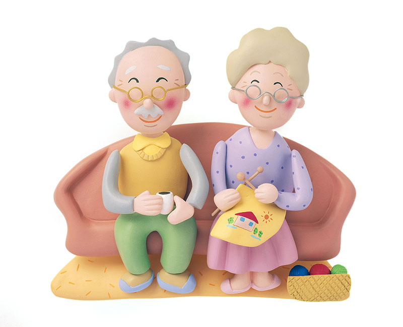 おじいちゃんとおばあちゃんイラスト　ソファに座って静かな時間を楽しむ第二の人生おじいちゃんおばあちゃんイラスト