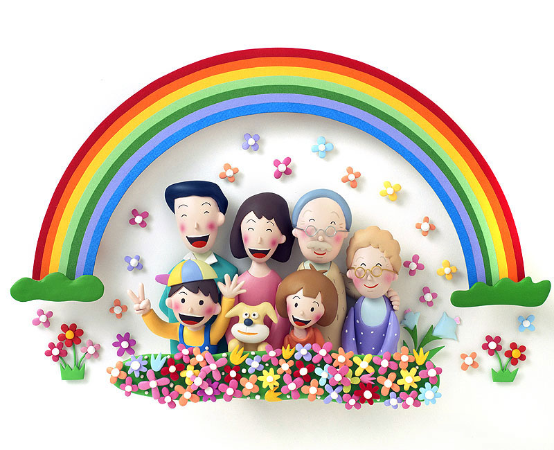 虹のファミリーイラスト　花と虹に囲まれ笑顔の６人家族ファミリーイラスト