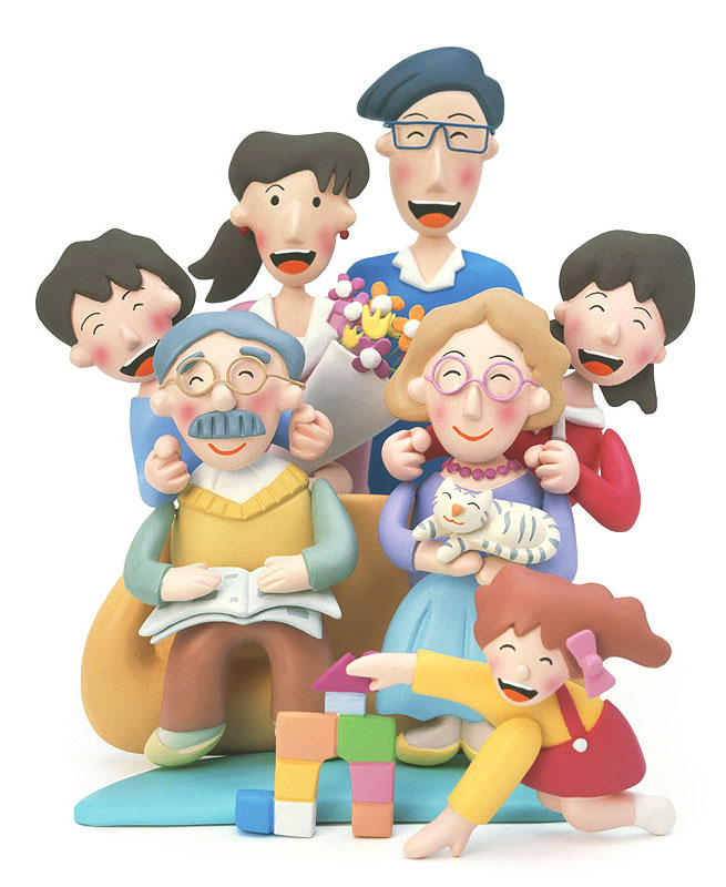 人物イラスト　おじいちゃんとおばあちゃんを囲む家族