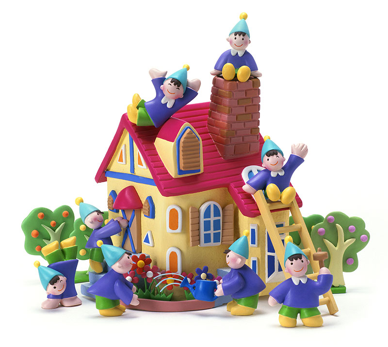 メルヘンイラスト　赤い屋根の家の周りの青い小人達