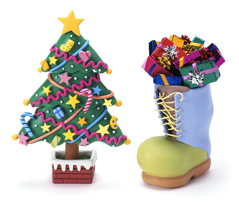 メルヘンイラスト　クリスマスツリーとプレゼントの入った靴