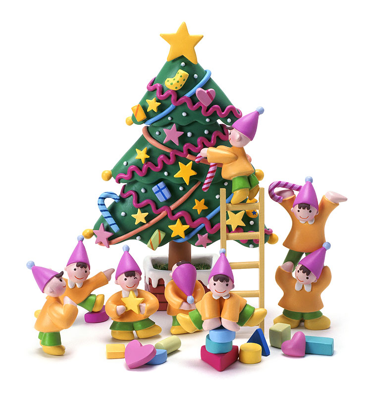 メルヘンイラスト　クリスマスツリーと黄色い小人達