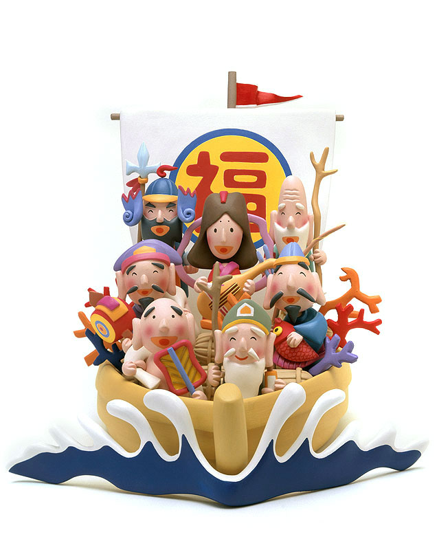 正月　イベントイラスト　正面向きの宝船に乗った七福神（指人形型）