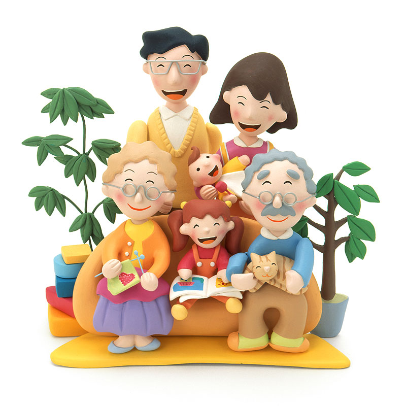 高齢者福祉イラスト　ソファーでくつろぐ笑顔の3世代家族ファミリー