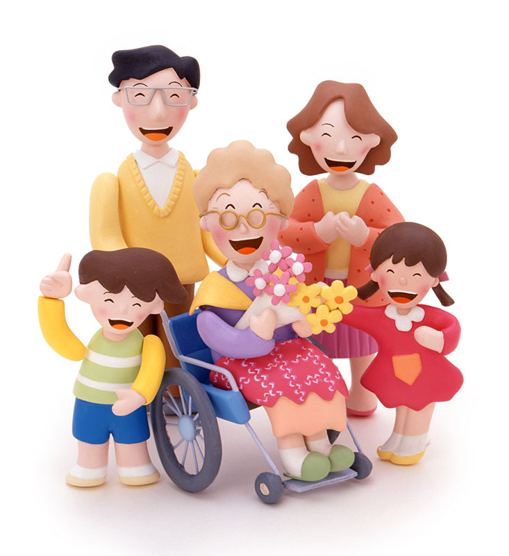 介護・ファミリーイラスト　お祝いの花束を持つ車椅子の老人と家族ファミリー