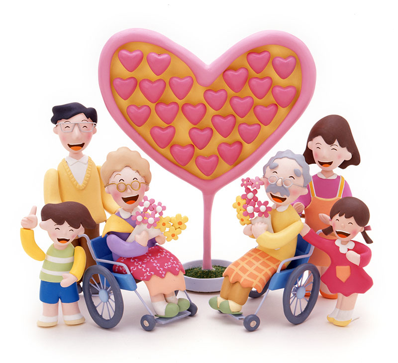 介護・ファミリーイラスト　ハート形の木に集合する車椅子の老人と家族ファミリー