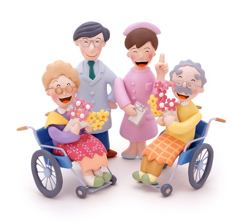 医療・介護イラスト　お祝いの花束を持つ車椅子の老人とお医者さん
