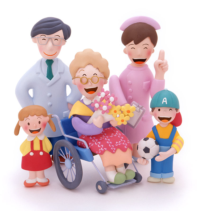 医療・介護イラスト　お祝いの花束を持つ車椅子の老人とお医者さん