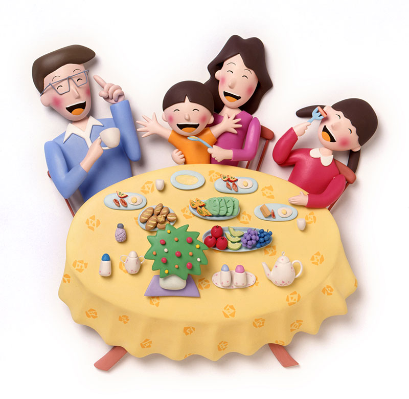ファミリーイラスト　美味しそうな食卓を囲む明るい笑顔の家族ファミリー