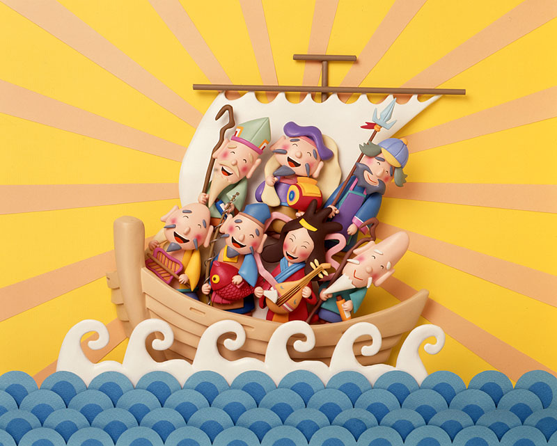 お正月・七福神イラスト　宝船に乗って海を渡るおめでたい笑顔の七福神
