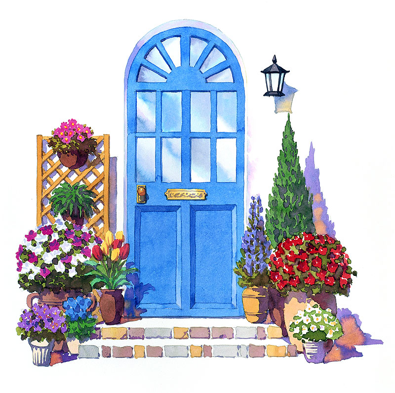 マイホームの玄関イラスト　花でいっぱいファサード玄関のドア