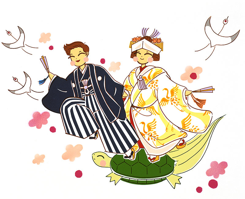 長谷川彩美　鶴亀梅の花で日本テイスト、和装ウエディング結婚式の男女イラスト