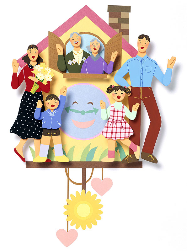 ファミリーイラスト　マイホーム型の鳩時計の中で微笑む幸せ家族
