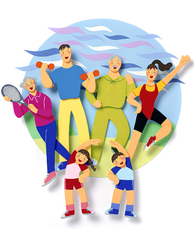 テニスやジョギング　健康的なスポーツで体力づくりする家族イラスト