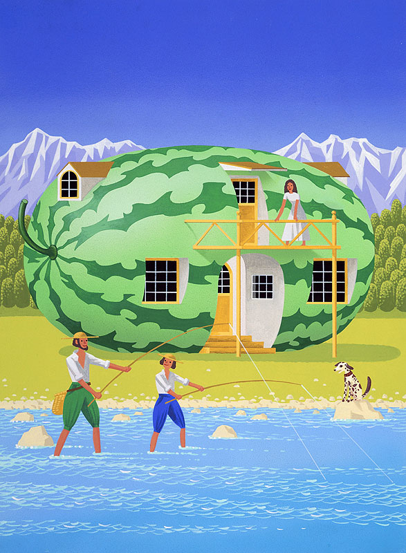メルヘンイラスト　スイカの家と川で釣りする親子