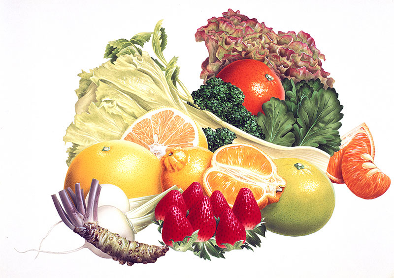 春4月の野菜果物イラスト　手描きスーパーリアルイラスト野菜フルーツ盛り合わせ