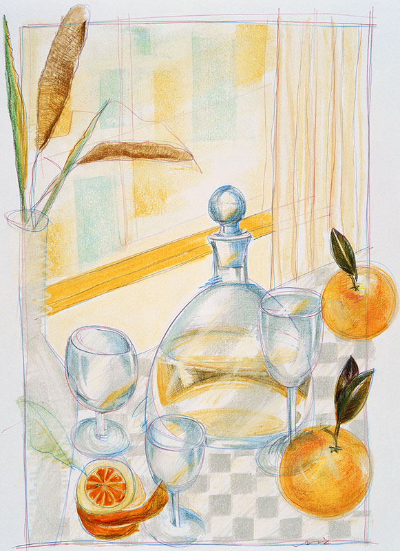 静物イラスト　窓辺の水の入ったグラスとオレンジ
