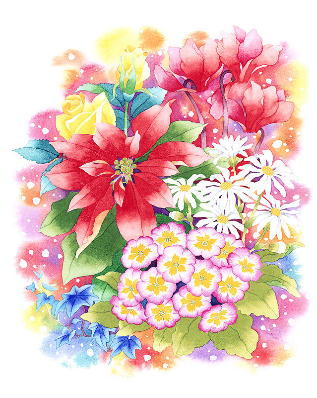 冬の花イラスト　ポインセチア・シクラメンなど冬のブーケ花束
