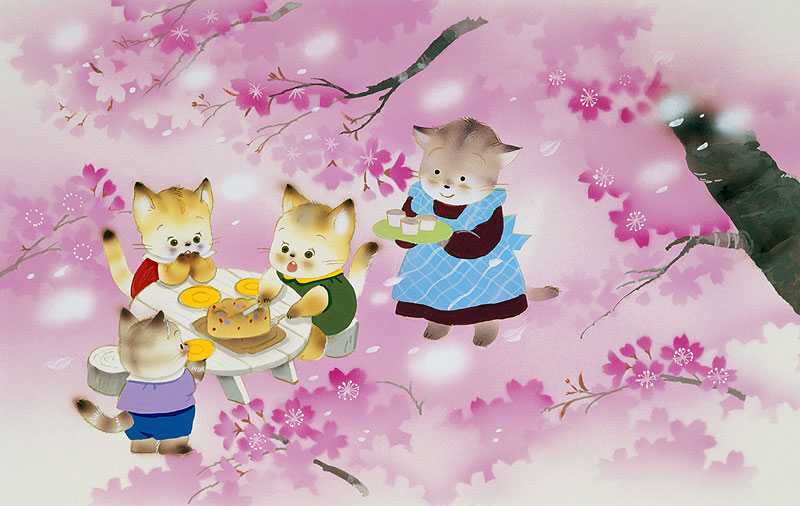 動物イラスト　桜の下でケーキを食べるお母さんと子猫達