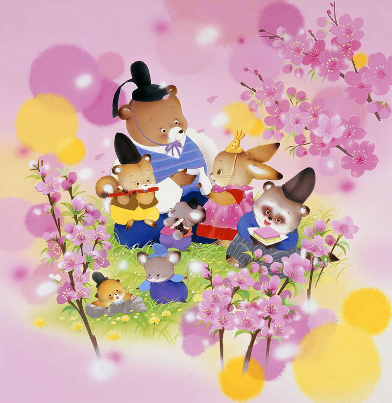 ３月３日はひな祭りイラスト　動物たちと桃の花でお雛様遊びのひな祭りイラスト