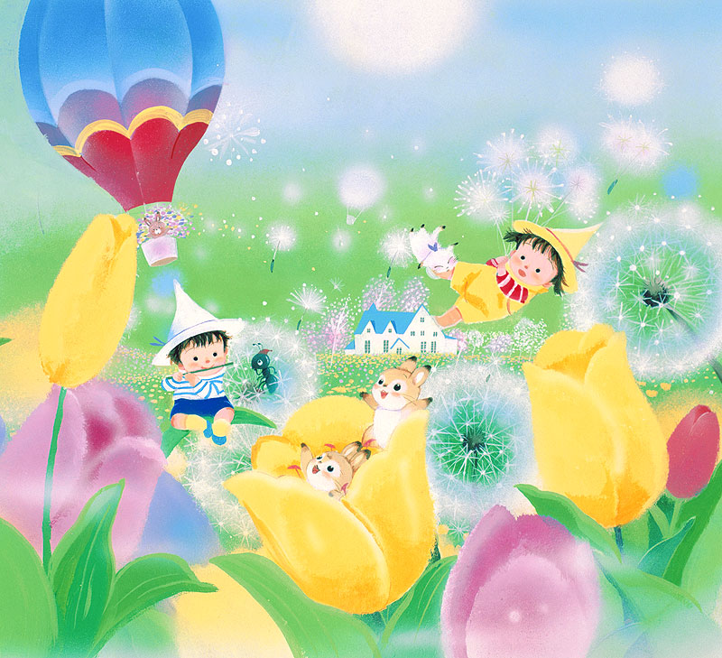 いがわひろこ　春満開のチューリップとたんぽぽの綿毛の中で遊ぶ妖精小人と動物キャラクターイラスト