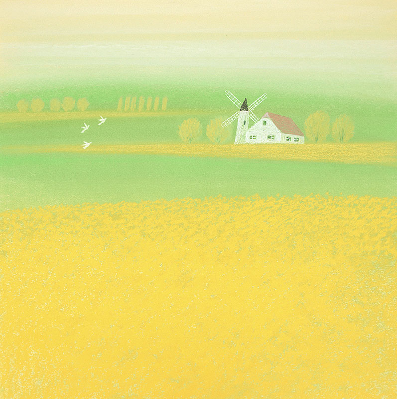 今成敏夫　黄色の花畑と草原の中の家の春風景イラスト