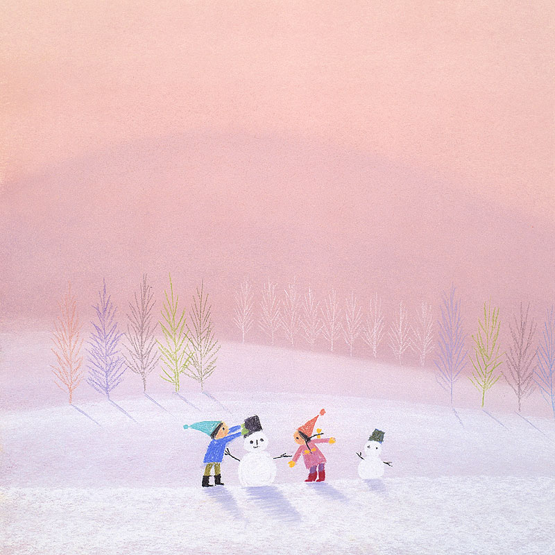 今成敏夫　雪景色の中雪だるまを作る子どもたちイラスト