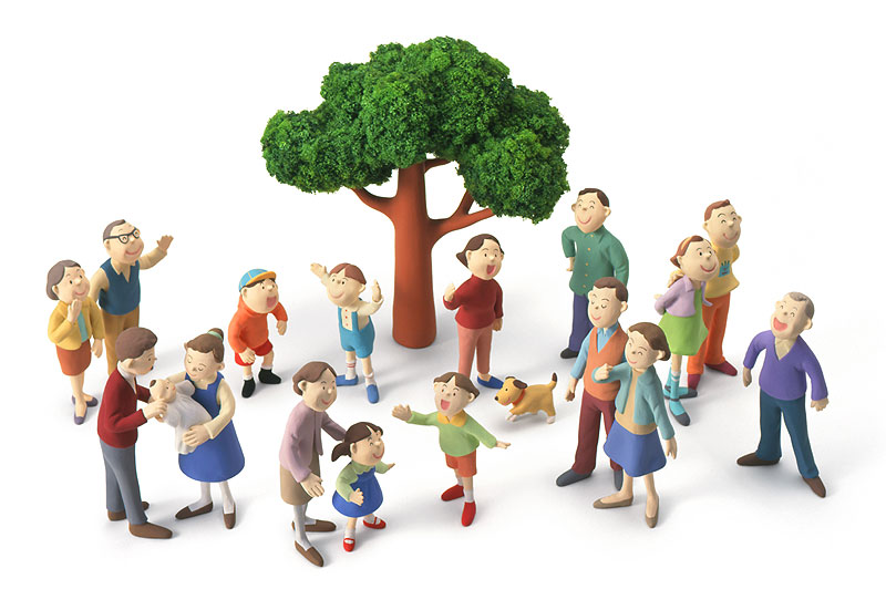 人物集合イラスト　一本の木の周りに集まる人々