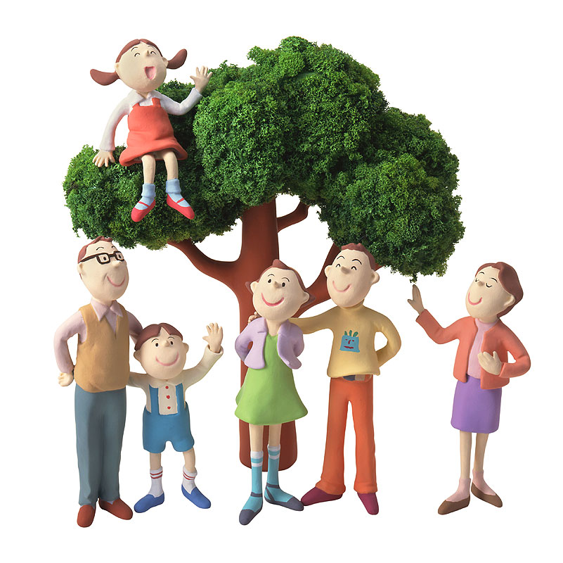 かわいい家族イラスト　一本の木に集まるファミリー