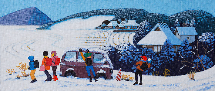 四季イラスト　雪景色の田舎で通学の小学生が雪遊び・冬