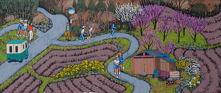 スポーツイラスト　小学生が田舎の菜の花の畑でマラソン・春