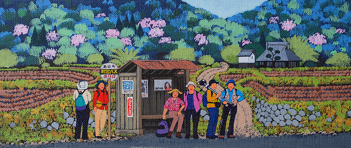 レジャーイラスト　桜の山にハイキングの中年がバス停で・春