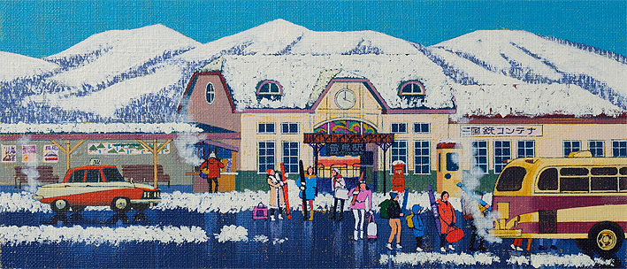 レジャーイラスト　雪山の駅でスキーの親子や女性・冬・昭和