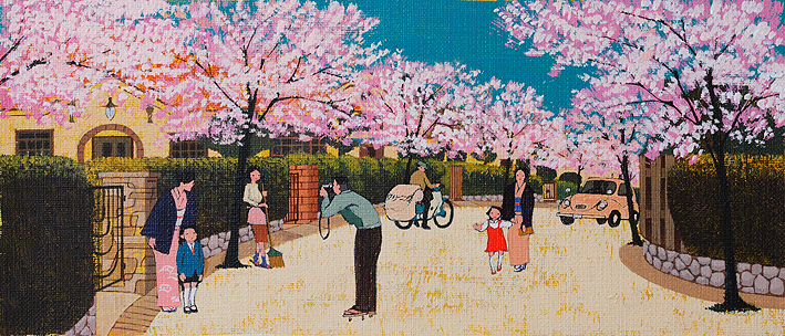 四季イラスト　桜の咲く住宅で入学式の親子・春・昭和
