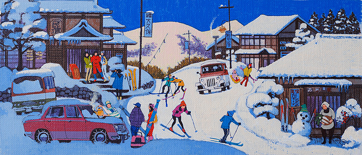 レジャーイラスト　スキーの旅館に親子や若者・冬・昭和
