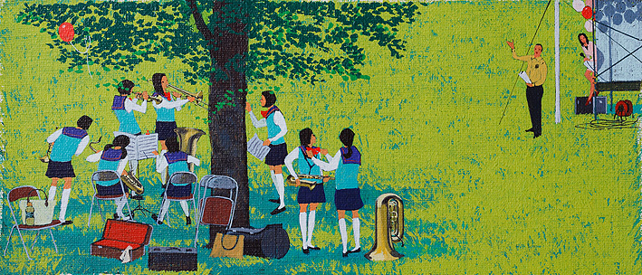 レジャーイラスト　女子学生のブラスバンドが木陰で・春