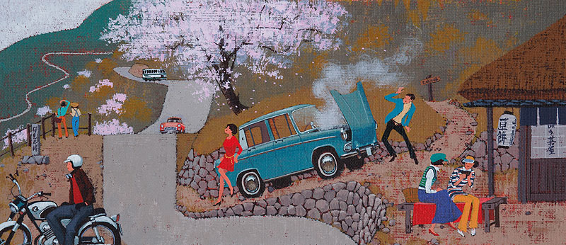 レジャーイラスト　山桜とエンストした車・春