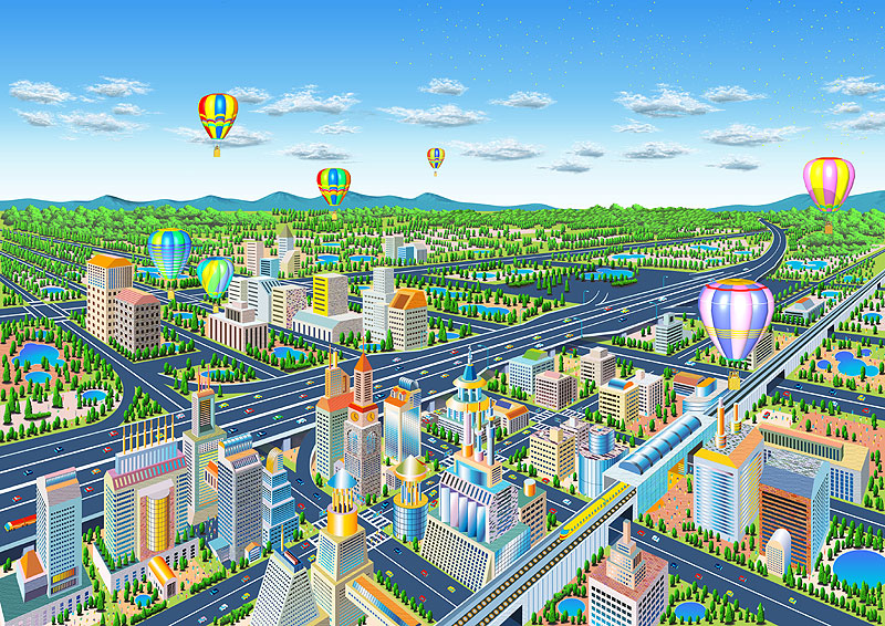 発展した都市の街並みの俯瞰イラスト　交通網が整備された大都市の街並み