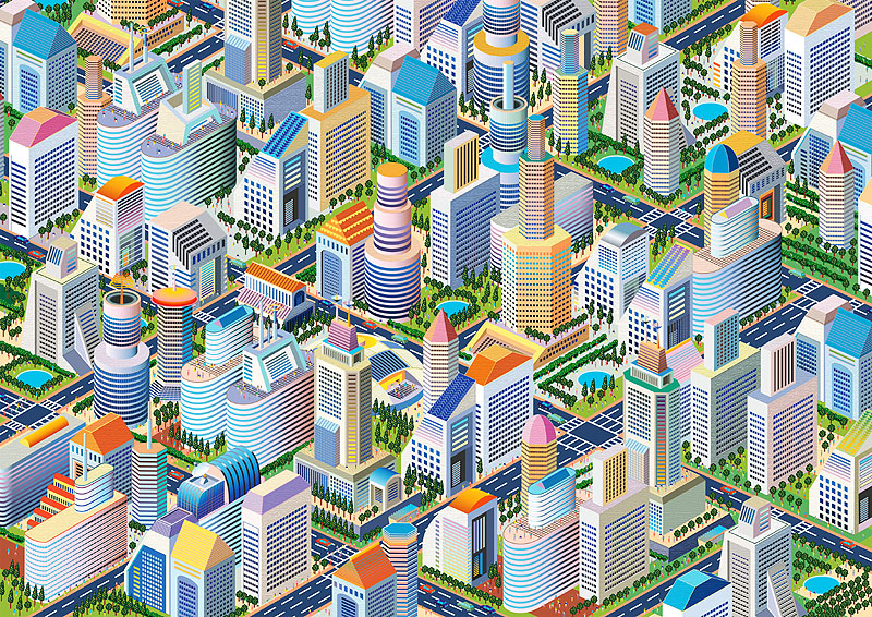 都市の風景鳥瞰図イラスト　高層ビルが立ち並ぶ都市の風景鳥瞰図イラスト